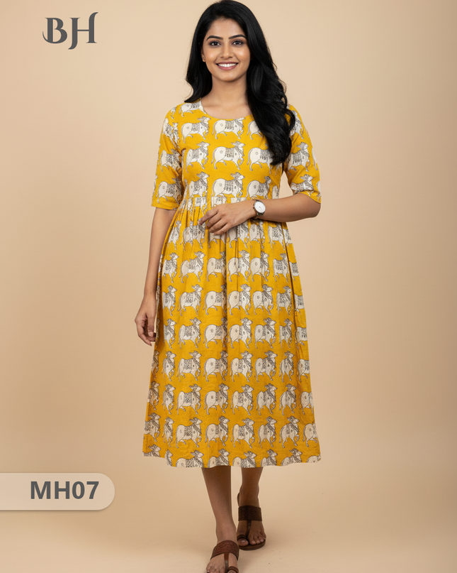 Kalamkari Pichwai Cow Design Frock – Yellow Colour | Handloom Ethnic Wear with Half Lining
