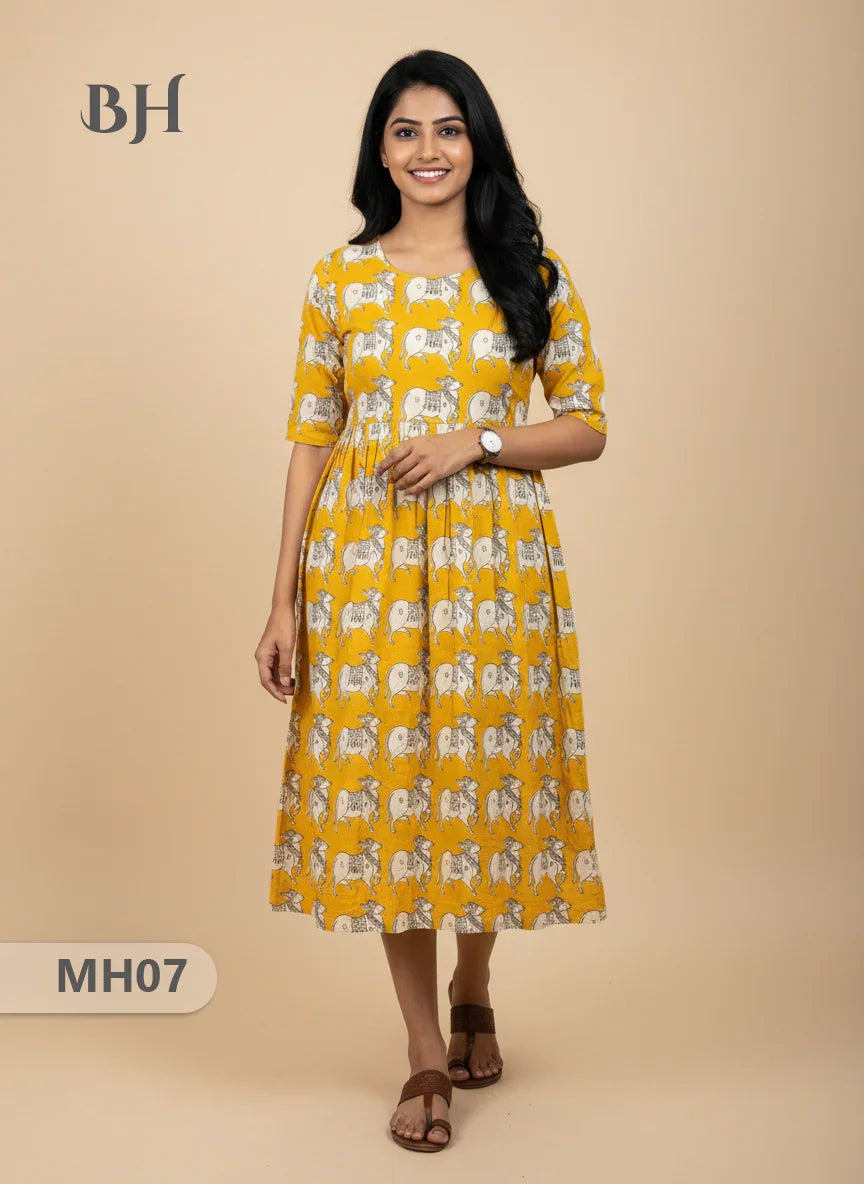 Kalamkari Pichwai Cow Design Frock – Yellow Colour | Handloom Ethnic Wear with Half Lining