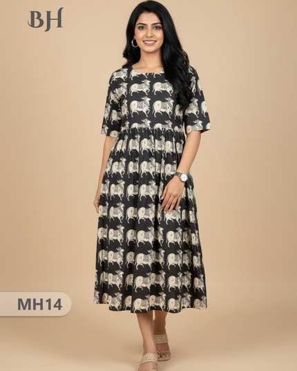 Kalamkari Pichwai Cow Design Frock – Black Colour | Handloom Ethnic Wear with Half Lining