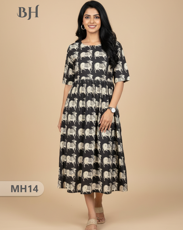 Kalamkari Pichwai Cow Design Frock – Black Colour | Handloom Ethnic Wear with Half Lining