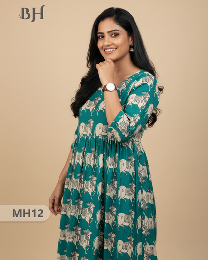 Kalamkari Pichwai Cow Design Frock – Teal Colour | Handloom Ethnic Wear with Half Lining