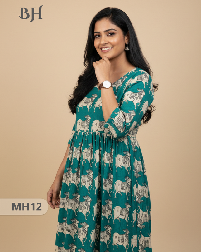 Kalamkari Pichwai Cow Design Frock – Teal Colour | Handloom Ethnic Wear with Half Lining