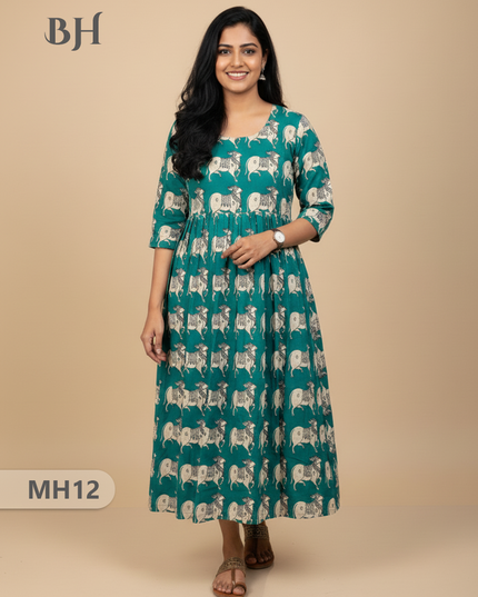 Kalamkari Pichwai Cow Design Frock – Teal Colour | Handloom Ethnic Wear with Half Lining