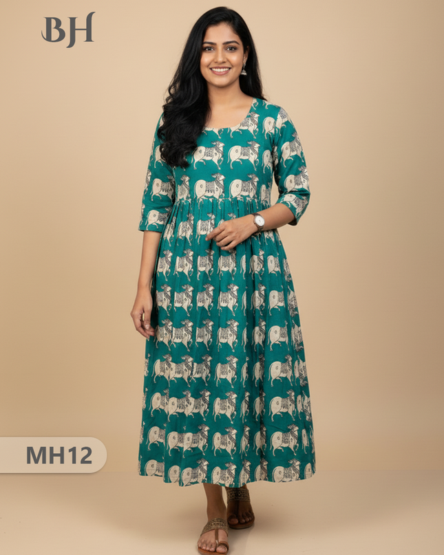 Kalamkari Pichwai Cow Design Frock – Teal Colour | Handloom Ethnic Wear with Half Lining