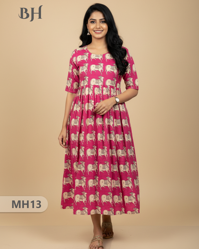 Kalamkari Pichwai Cow Design Frock – Pink Colour | Handloom Ethnic Wear with Half Lining