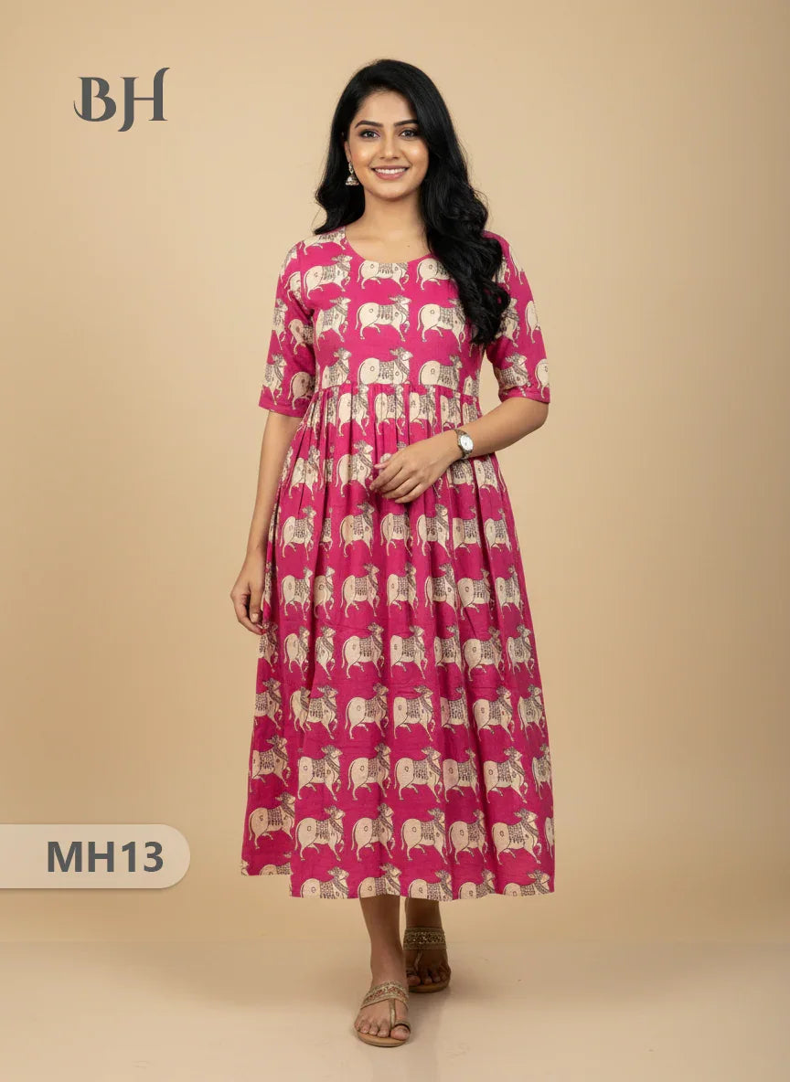 Kalamkari Pichwai Cow Design Frock – Pink Colour | Handloom Ethnic Wear with Half Lining