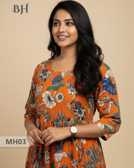 Kalamkari Design Frock – Orange Colour | Handloom Ethnic Wear with Half Lining
