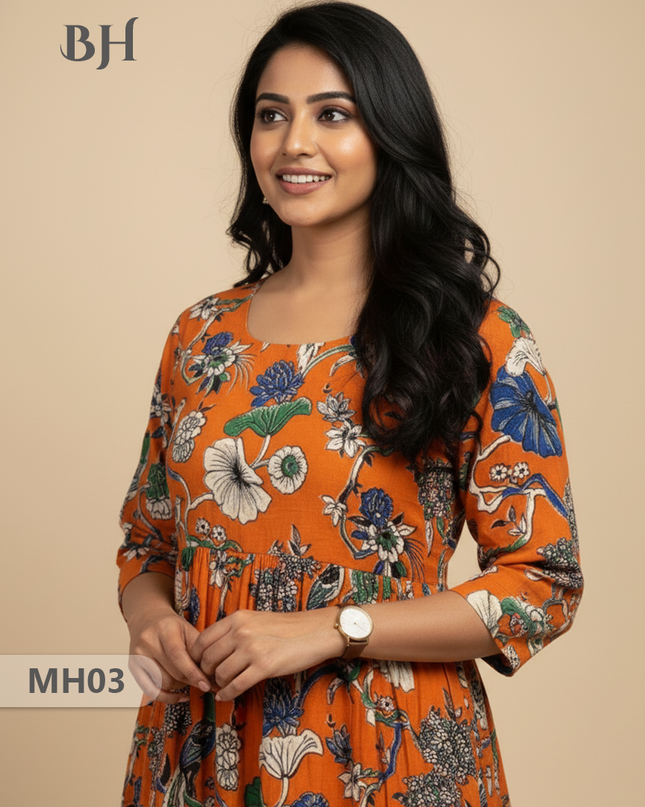 Kalamkari Design Frock – Orange Colour | Handloom Ethnic Wear with Half Lining