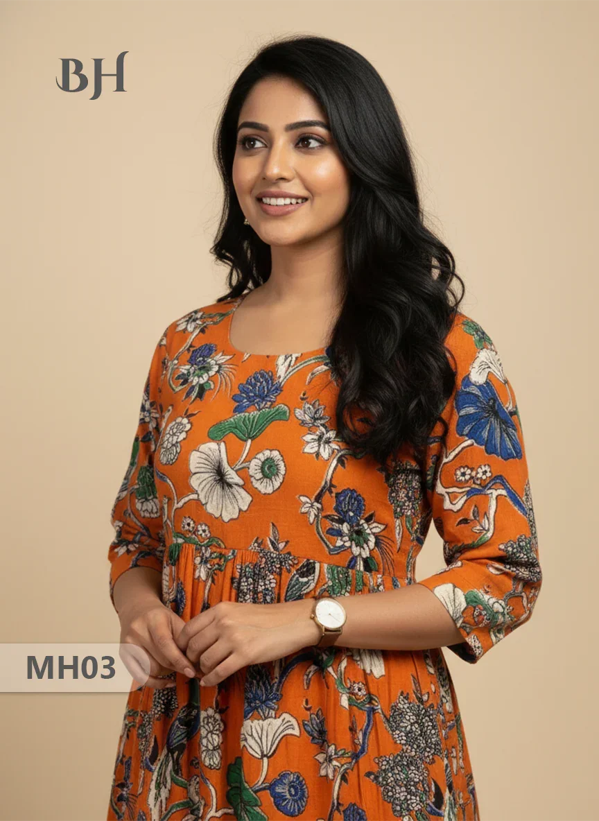 Kalamkari Design Frock – Orange Colour | Handloom Ethnic Wear with Half Lining