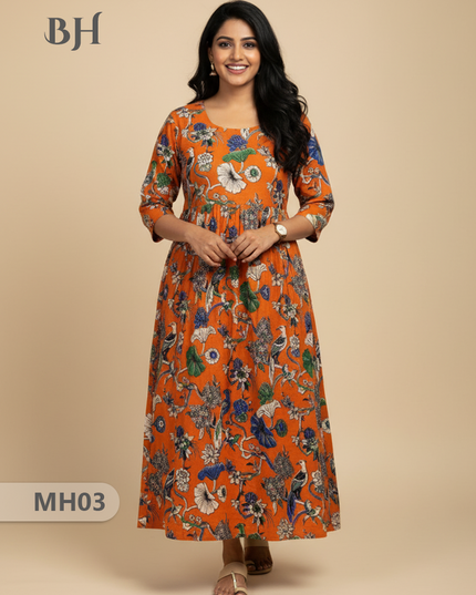 Kalamkari Design Frock – Orange Colour | Handloom Ethnic Wear with Half Lining