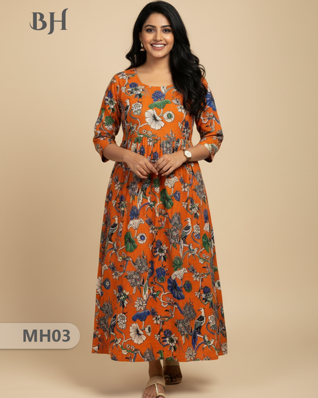 Kalamkari Design Frock – Orange Colour | Handloom Ethnic Wear with Half Lining
