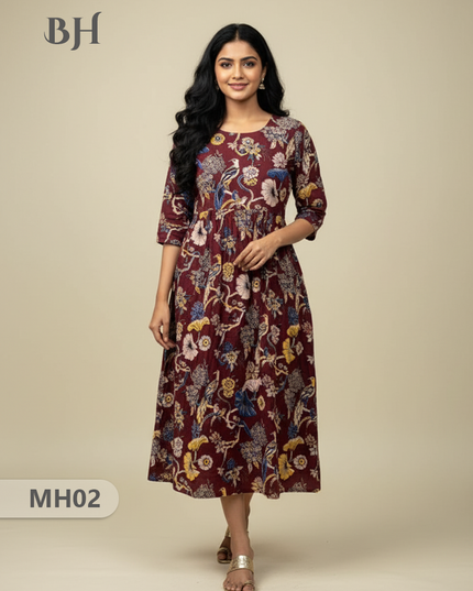 Kalamkari Design Frock – Dark Brown Colour | Handloom Ethnic Wear with Half Lining
