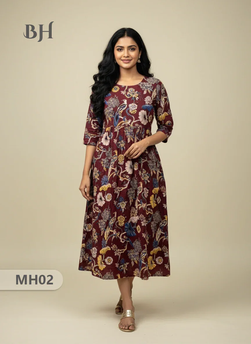 Kalamkari Design Frock – Dark Brown Colour | Handloom Ethnic Wear with Half Lining