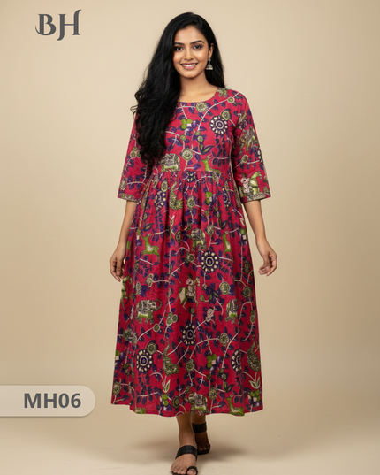 Kalamkari Design Frock – Red Colour | Handloom Ethnic Wear with Half Lining