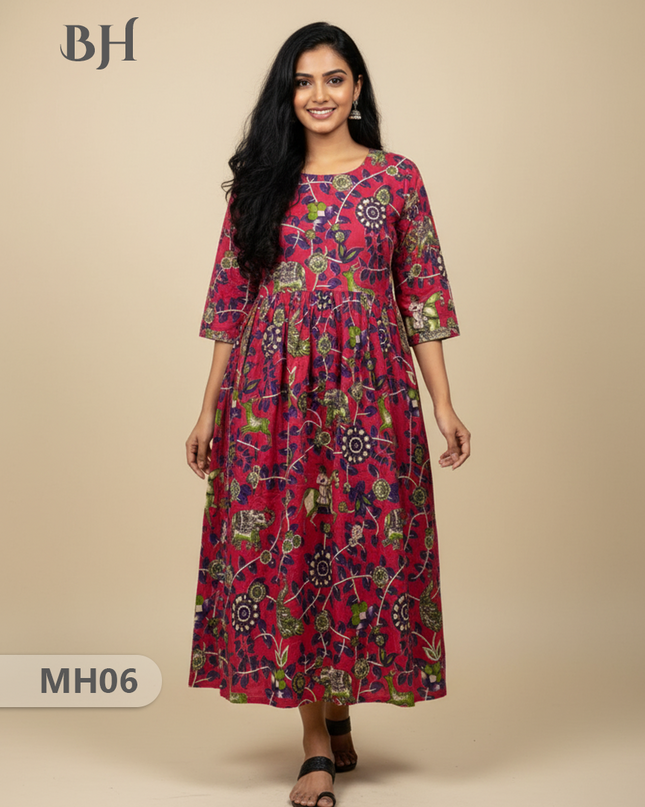 Kalamkari Design Frock – Red Colour | Handloom Ethnic Wear with Half Lining