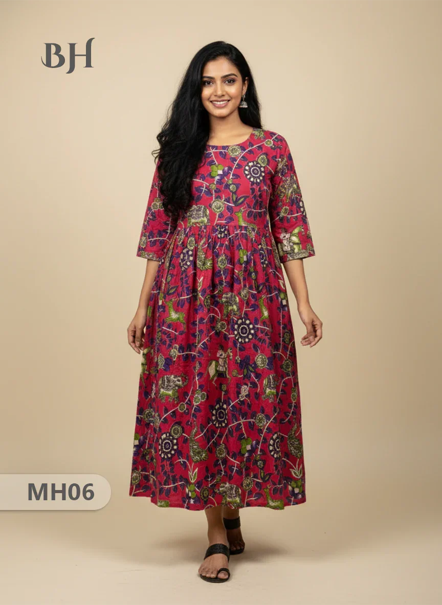 Kalamkari Design Frock – Red Colour | Handloom Ethnic Wear with Half Lining