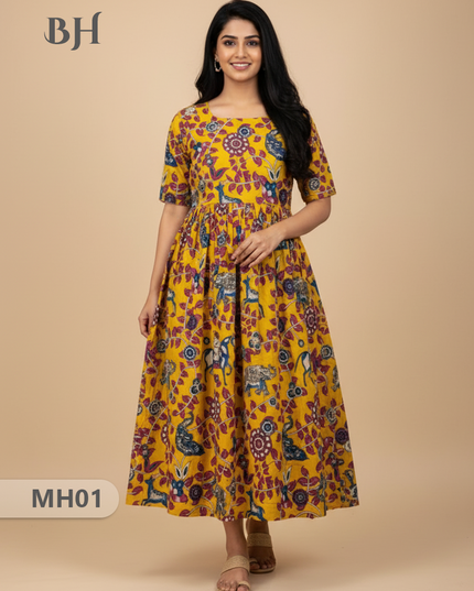 Kalamkari Design Frock – Yellow Colour | Handloom Ethnic Wear with Half Lining