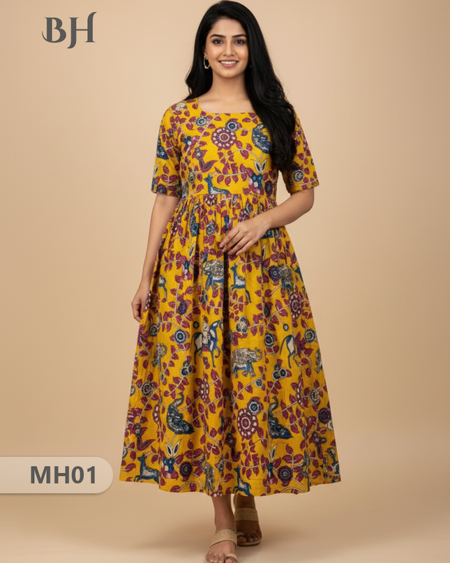 Kalamkari Design Frock – Yellow Colour | Handloom Ethnic Wear with Half Lining