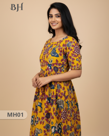 Kalamkari Design Frock – Yellow Colour | Handloom Ethnic Wear with Half Lining