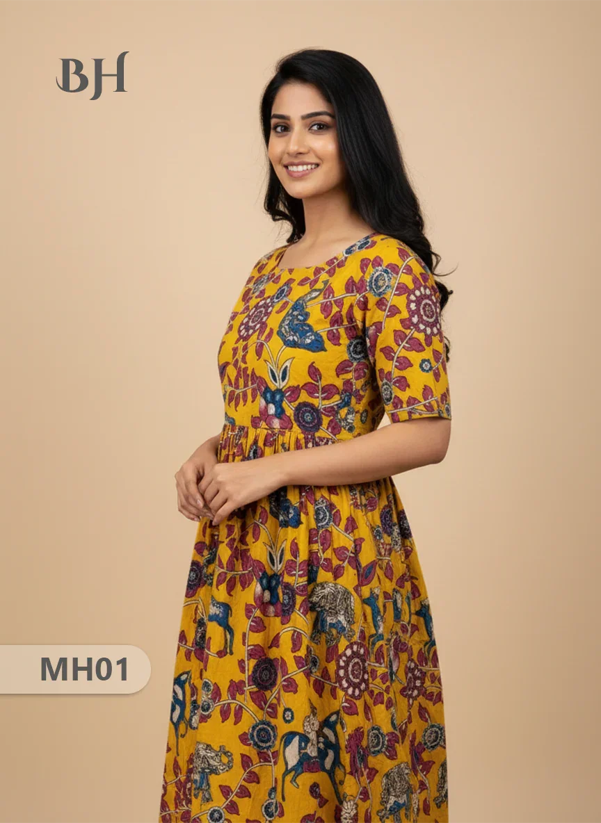 Kalamkari Design Frock – Yellow Colour | Handloom Ethnic Wear with Half Lining