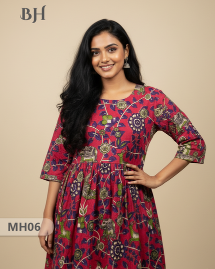 Kalamkari Design Frock – Red Colour | Handloom Ethnic Wear with Half Lining