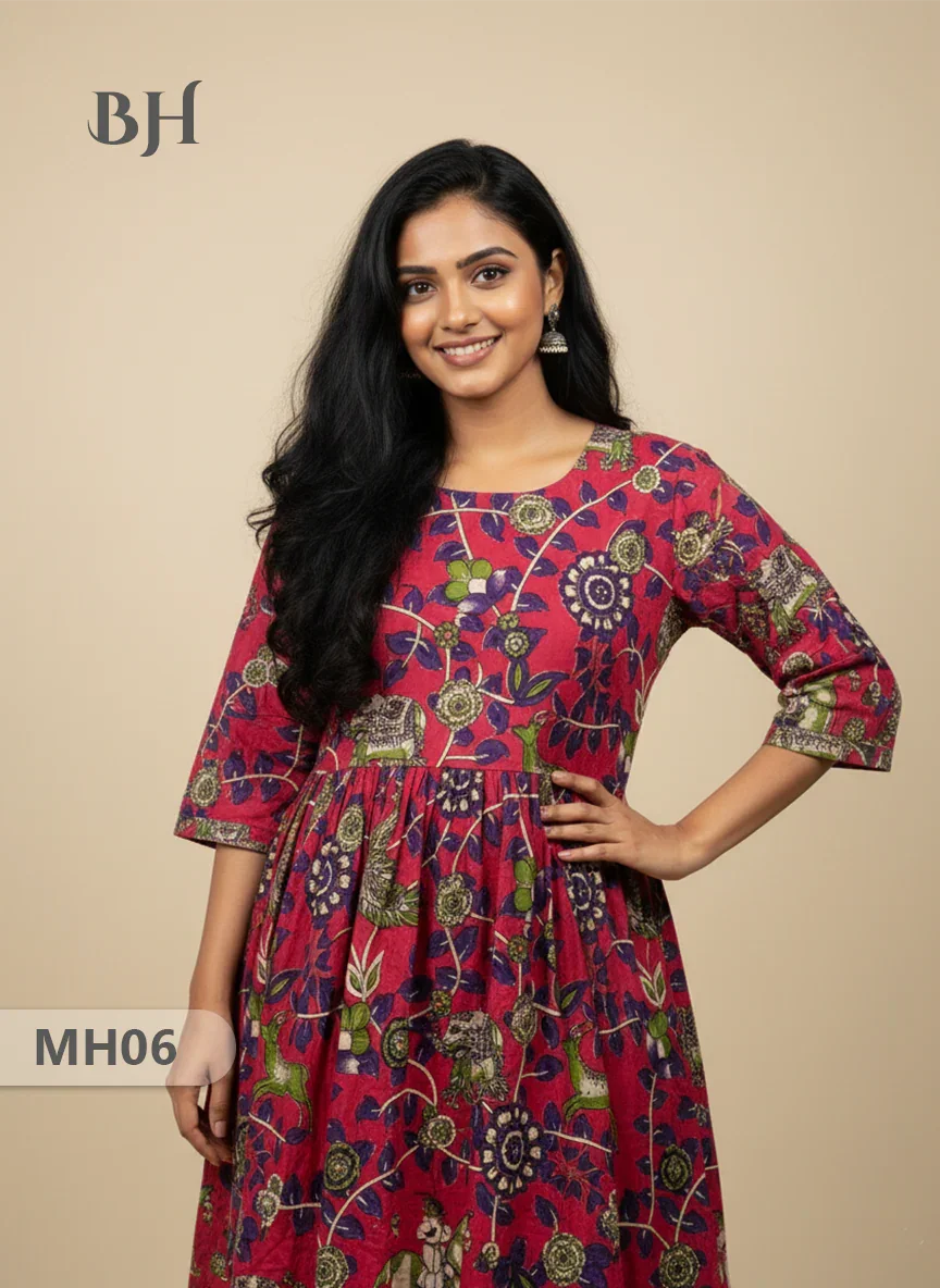 Kalamkari Design Frock – Red Colour | Handloom Ethnic Wear with Half Lining