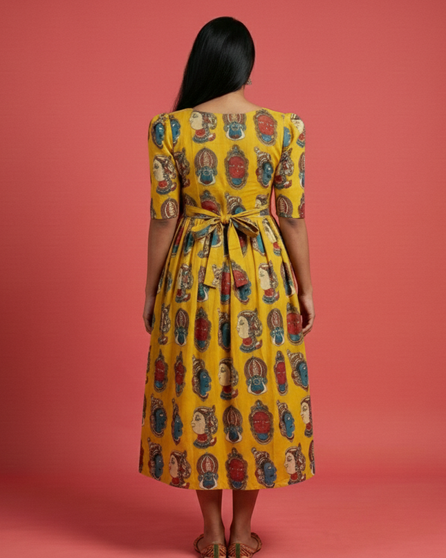 Kathakali Design Kalamkari Frock – Yellow Colour with Half Lining