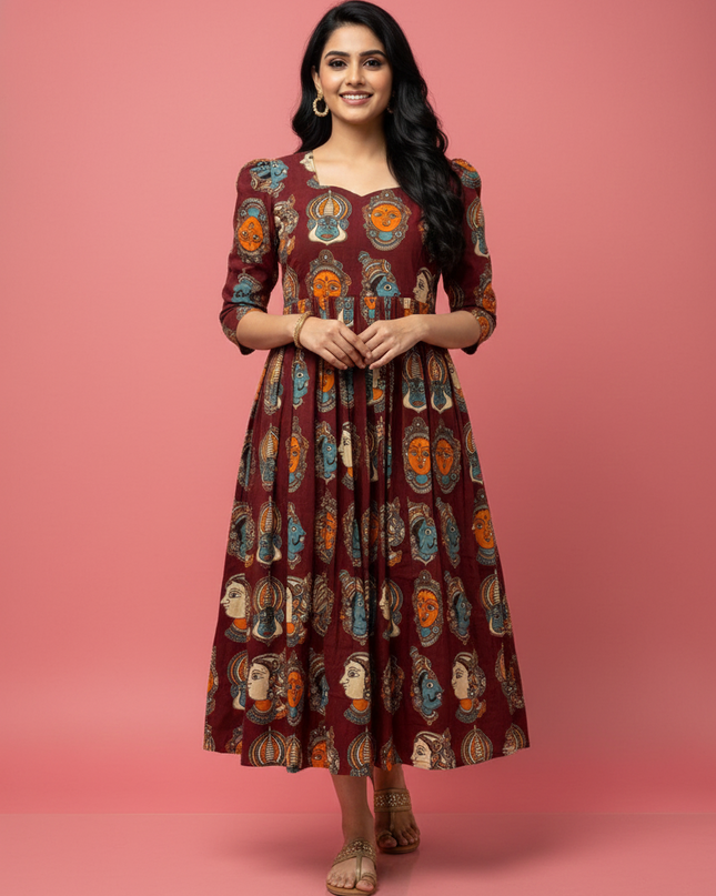 Kathakali Design Kalamkari Frock – Dark Wine Colour with Half Lining