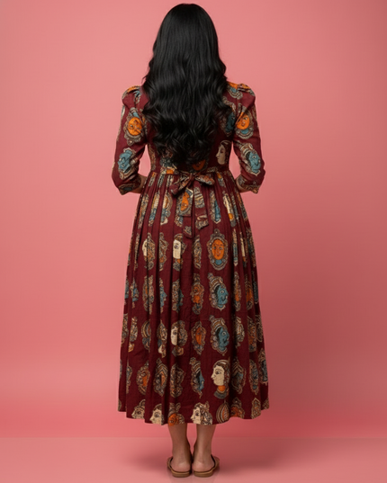 Kathakali Design Kalamkari Frock – Dark Wine Colour with Half Lining
