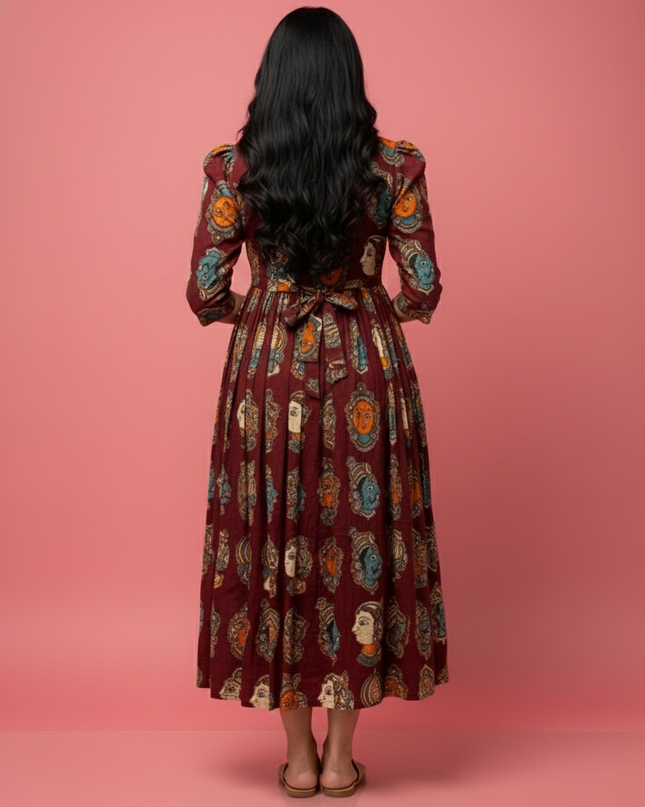 Kathakali Design Kalamkari Frock – Dark Wine Colour with Half Lining