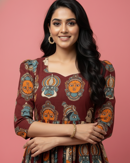 Kathakali Design Kalamkari Frock – Dark Wine Colour with Half Lining
