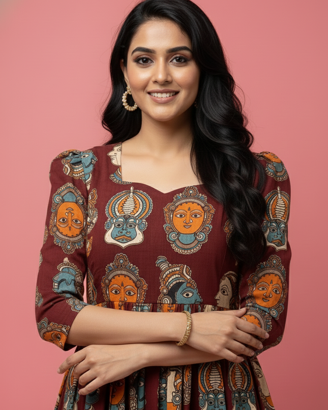 Kathakali Design Kalamkari Frock – Dark Wine Colour with Half Lining