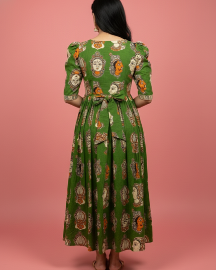 Kathakali Design Kalamkari Frock – Green Colour with Half Lining