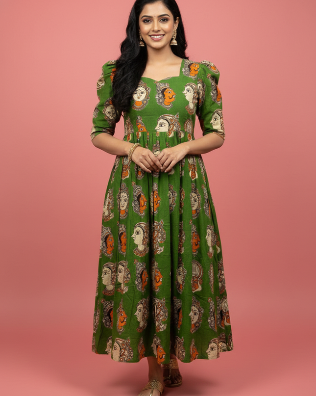 Kathakali Design Kalamkari Frock – Green Colour with Half Lining