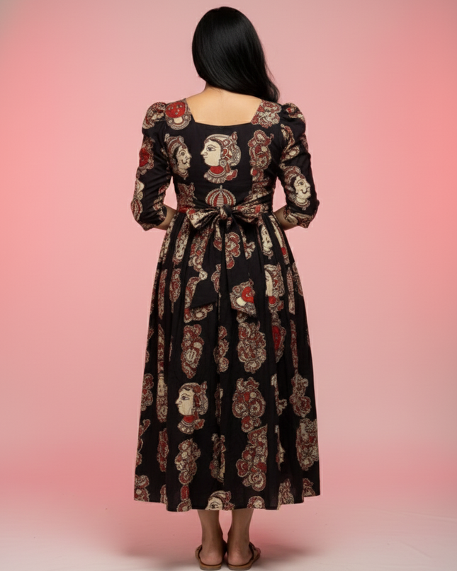 Kathakali Design Kalamkari Frock – Black Colour with Half Lining