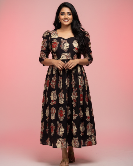 Kathakali Design Kalamkari Frock – Black Colour with Half Lining