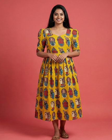 Kathakali Design Kalamkari Frock – Yellow Colour with Half Lining