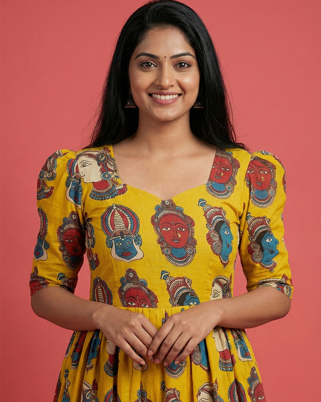 Kathakali Design Kalamkari Frock – Yellow Colour with Half Lining