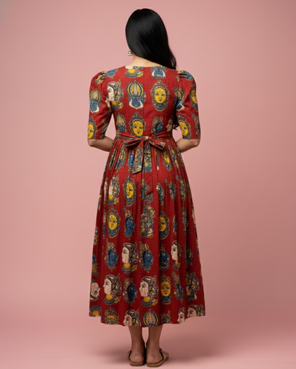 Kathakali Design Kalamkari Frock – Red Colour with Half Lining