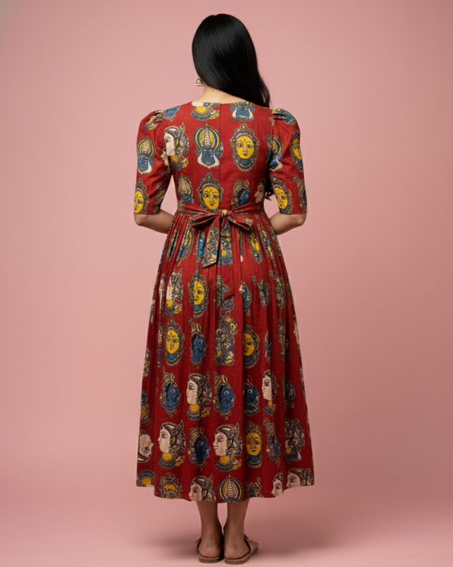 Kathakali Design Kalamkari Frock – Red Colour with Half Lining