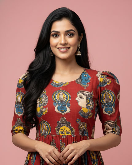 Kathakali Design Kalamkari Frock – Red Colour with Half Lining
