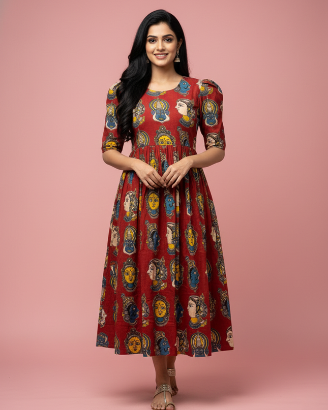 Kathakali Design Kalamkari Frock – Red Colour with Half Lining