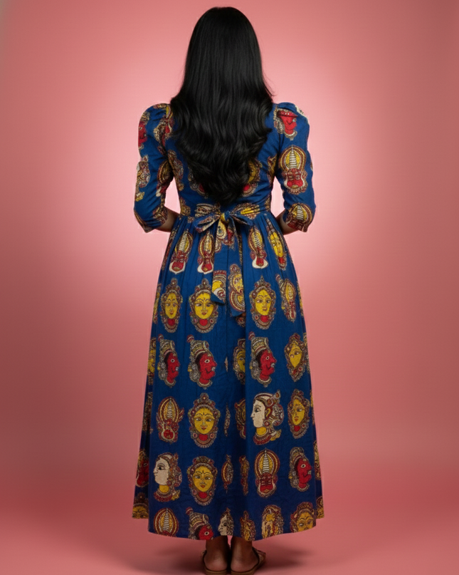 Kathakali Design Kalamkari Frock – Blue Colour with Half Lining