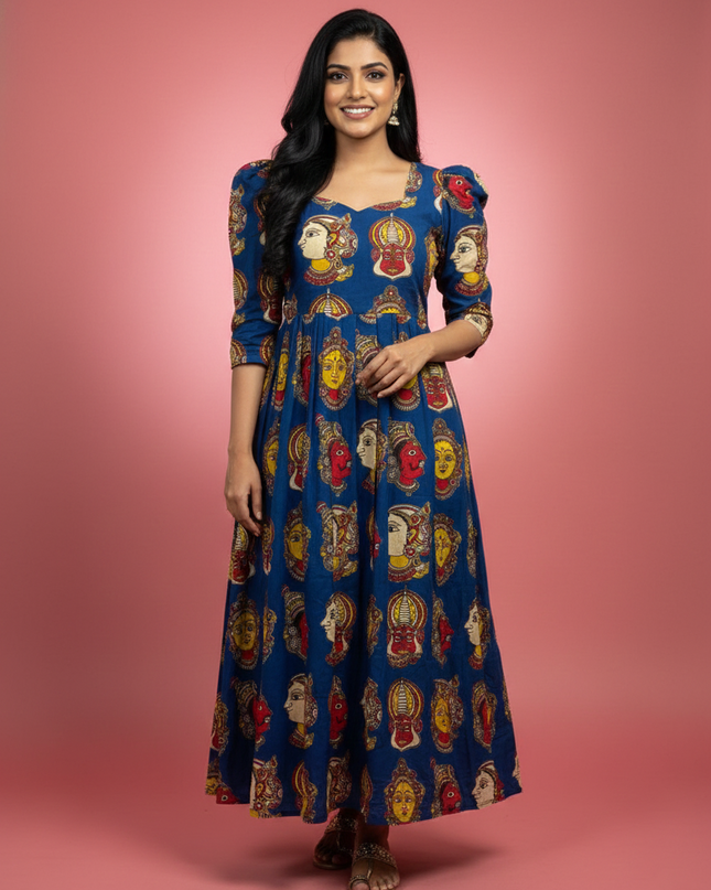 Kathakali Design Kalamkari Frock – Blue Colour with Half Lining