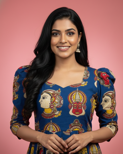 Kathakali Design Kalamkari Frock – Blue Colour with Half Lining