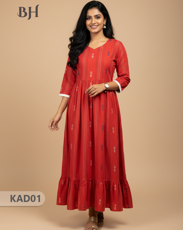 Khadi Cotton Frock Half Length with Lining – Red Colour | Comfortable & Stylish Handloom Dress