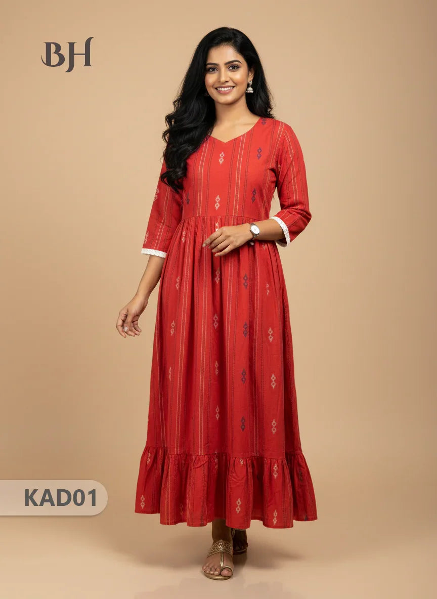 Khadi Cotton Frock Half Length with Lining – Red Colour | Comfortable & Stylish Handloom Dress