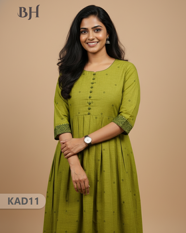 Khadi Cotton Frock Half Length with Lining – Light Green Colour | Comfortable & Stylish Handloom Dress