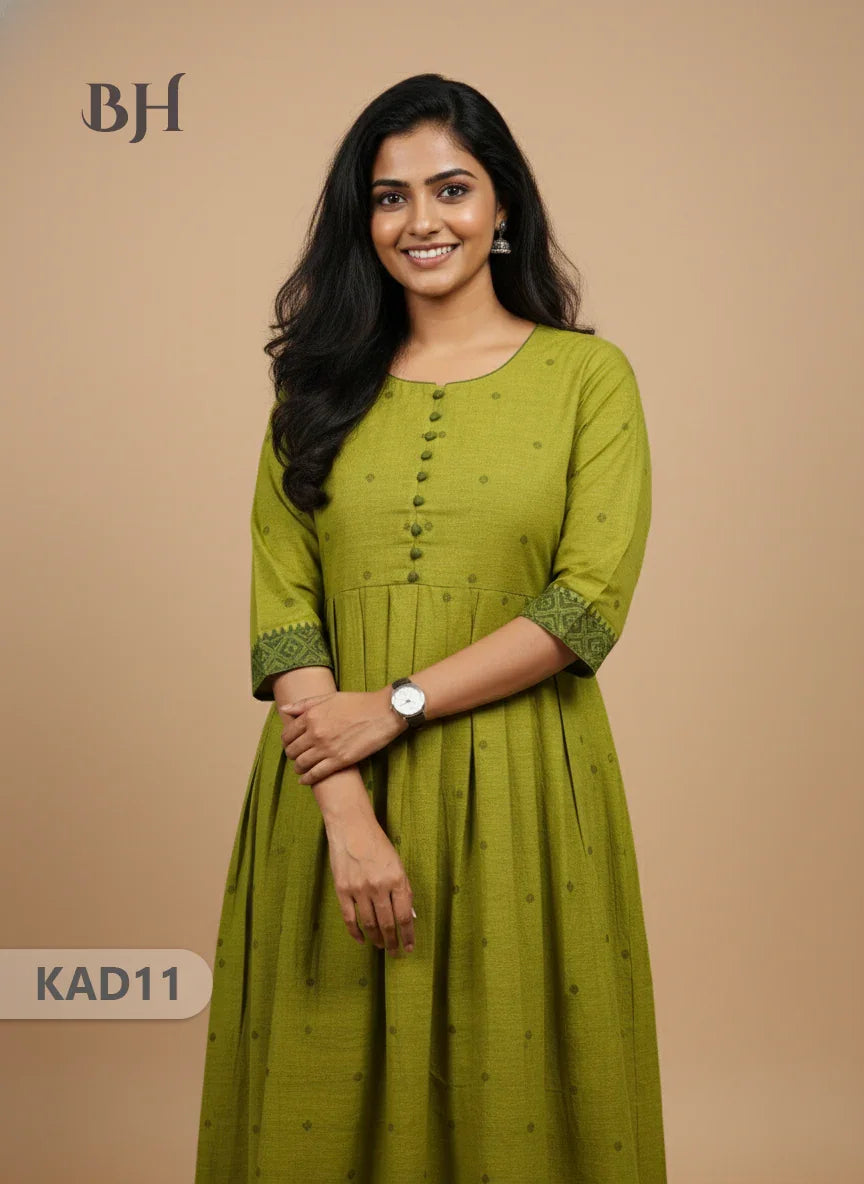 Khadi Cotton Frock Half Length with Lining – Light Green Colour | Comfortable & Stylish Handloom Dress