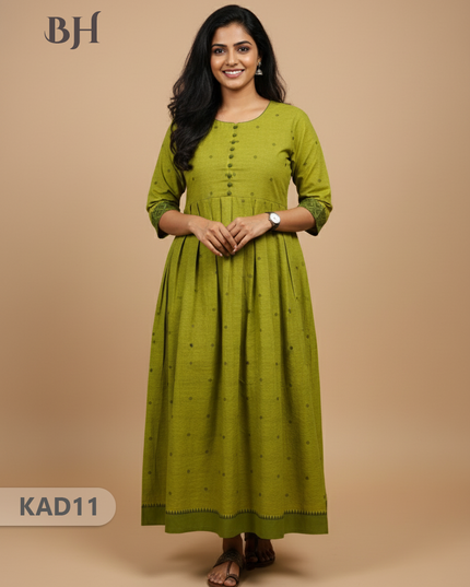 Khadi Cotton Frock Half Length with Lining – Light Green Colour | Comfortable & Stylish Handloom Dress